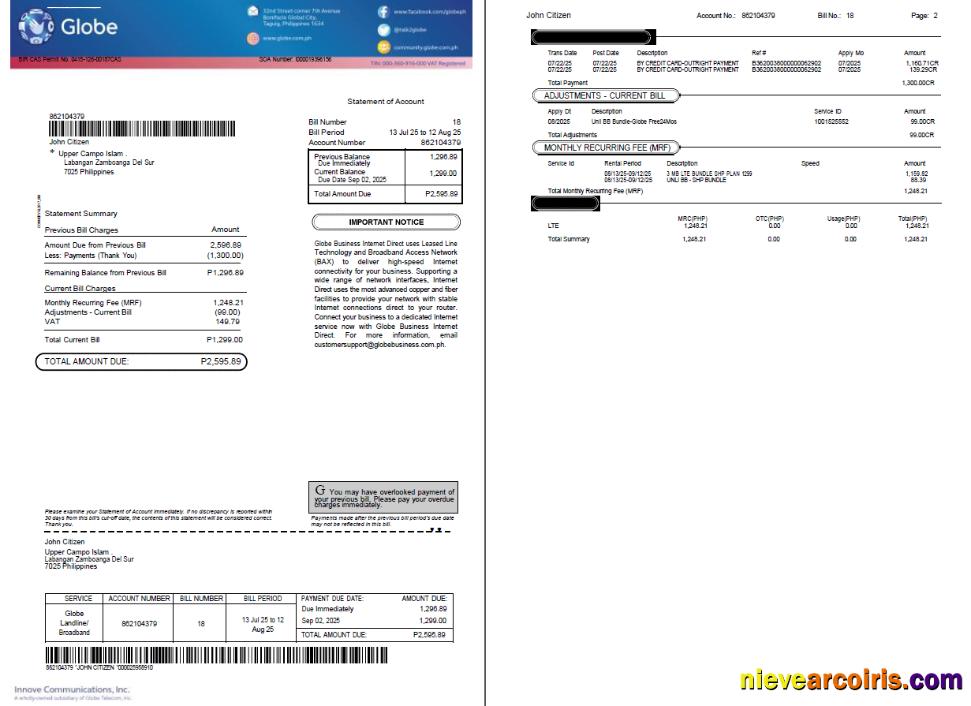 Philippines Globe utility bill, 2 pages